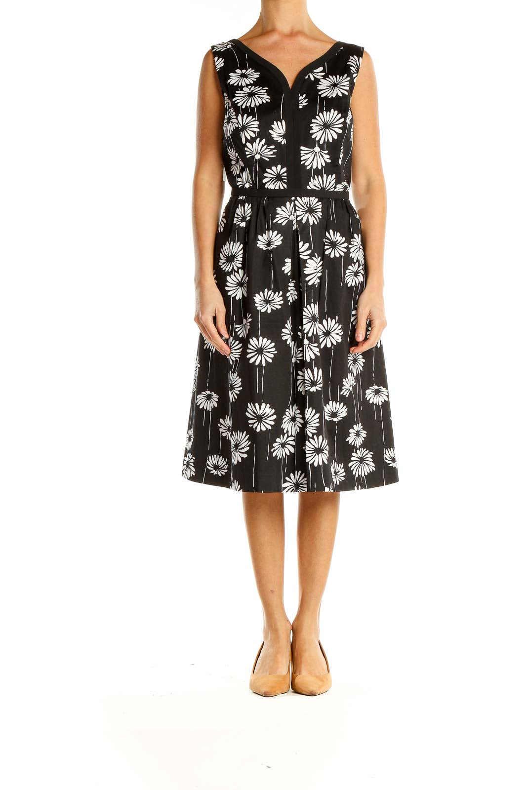 Black White Floral Print Chic Fit & Flare Dress