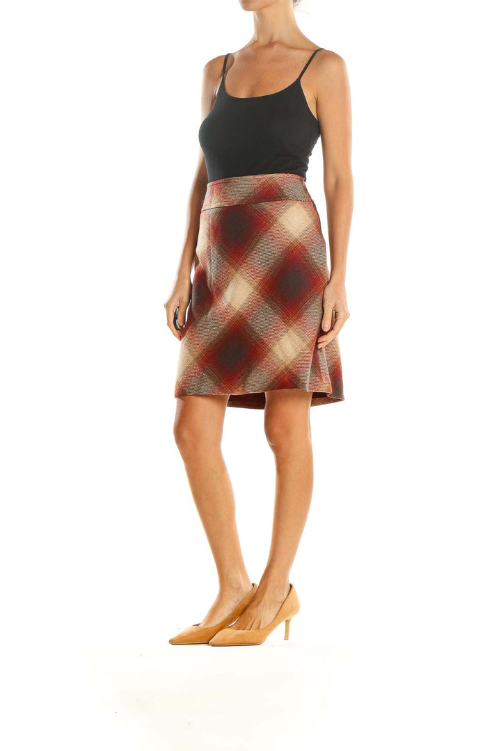 Beige Red Plaid Retro A-Line Skirt