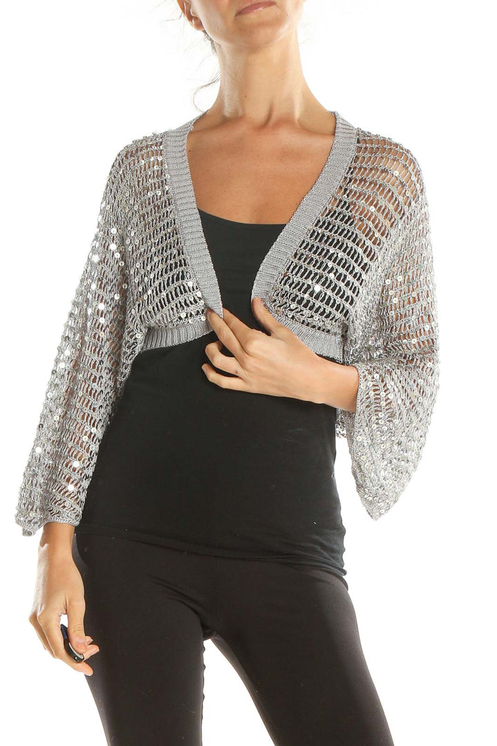 Gray Sequin Mini Cropped Cardigan