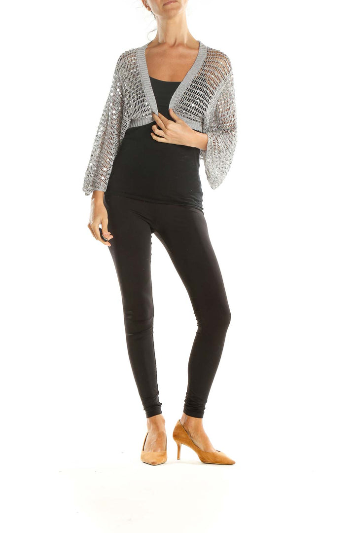 Gray Sequin Mini Cropped Cardigan