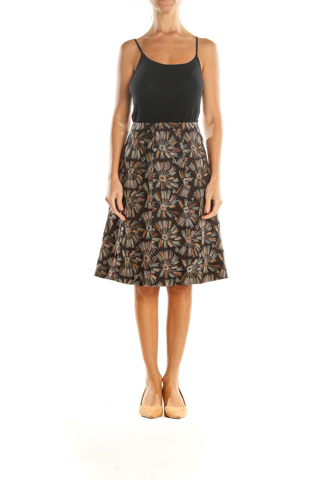 Brown Embroidered Retro A-Line Skirt