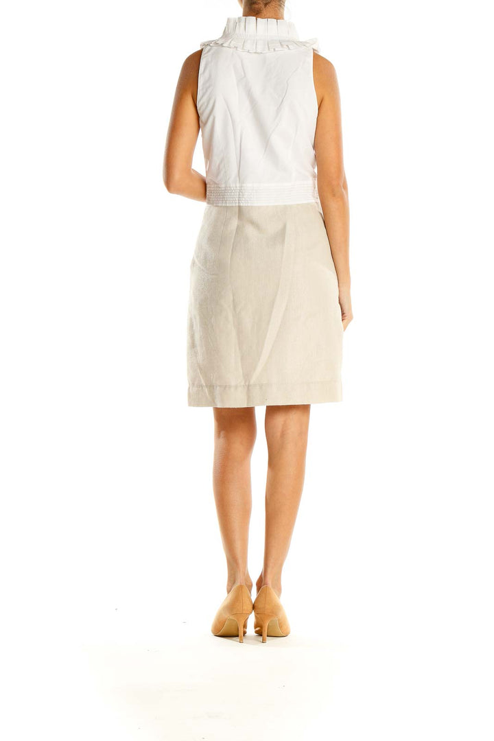 Beige White Colorblock Retro Ruffle Shift Dress