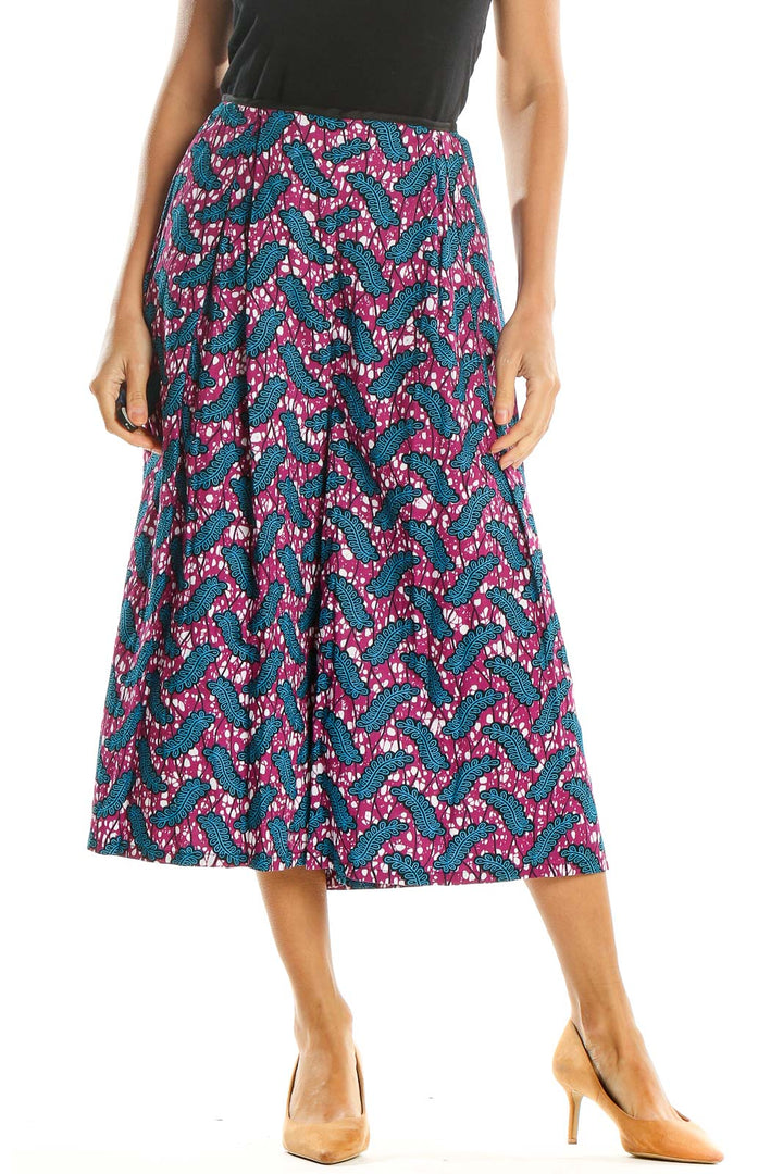 Blue Pink Printed Bohemian Flared Skirt