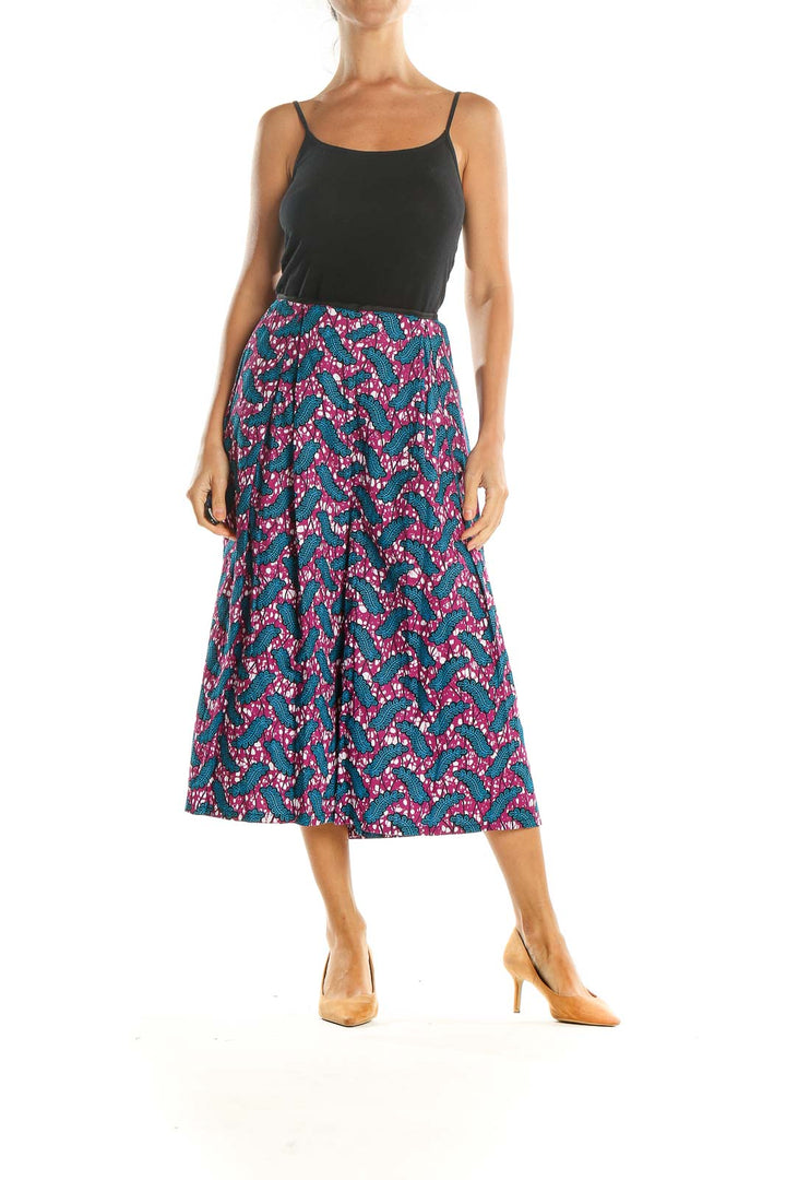 Blue Pink Printed Bohemian Flared Skirt