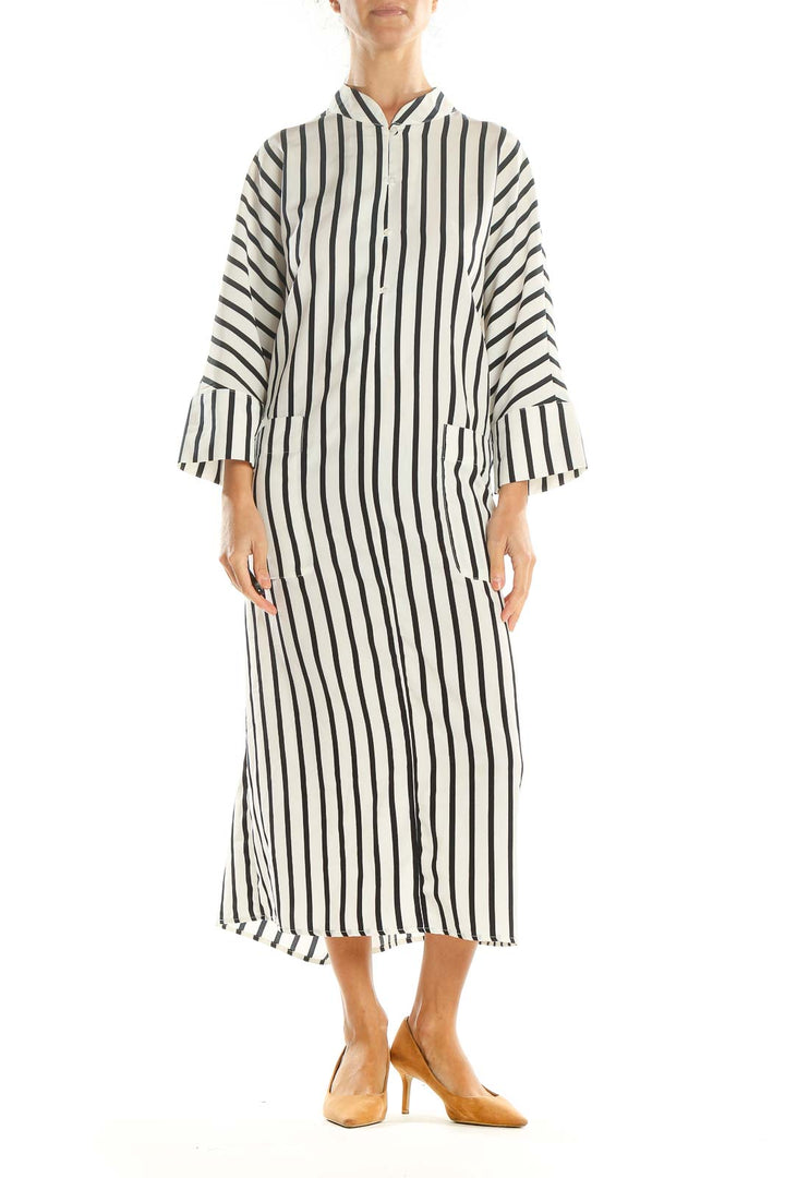 White Black Striped Classic Shirt Dress