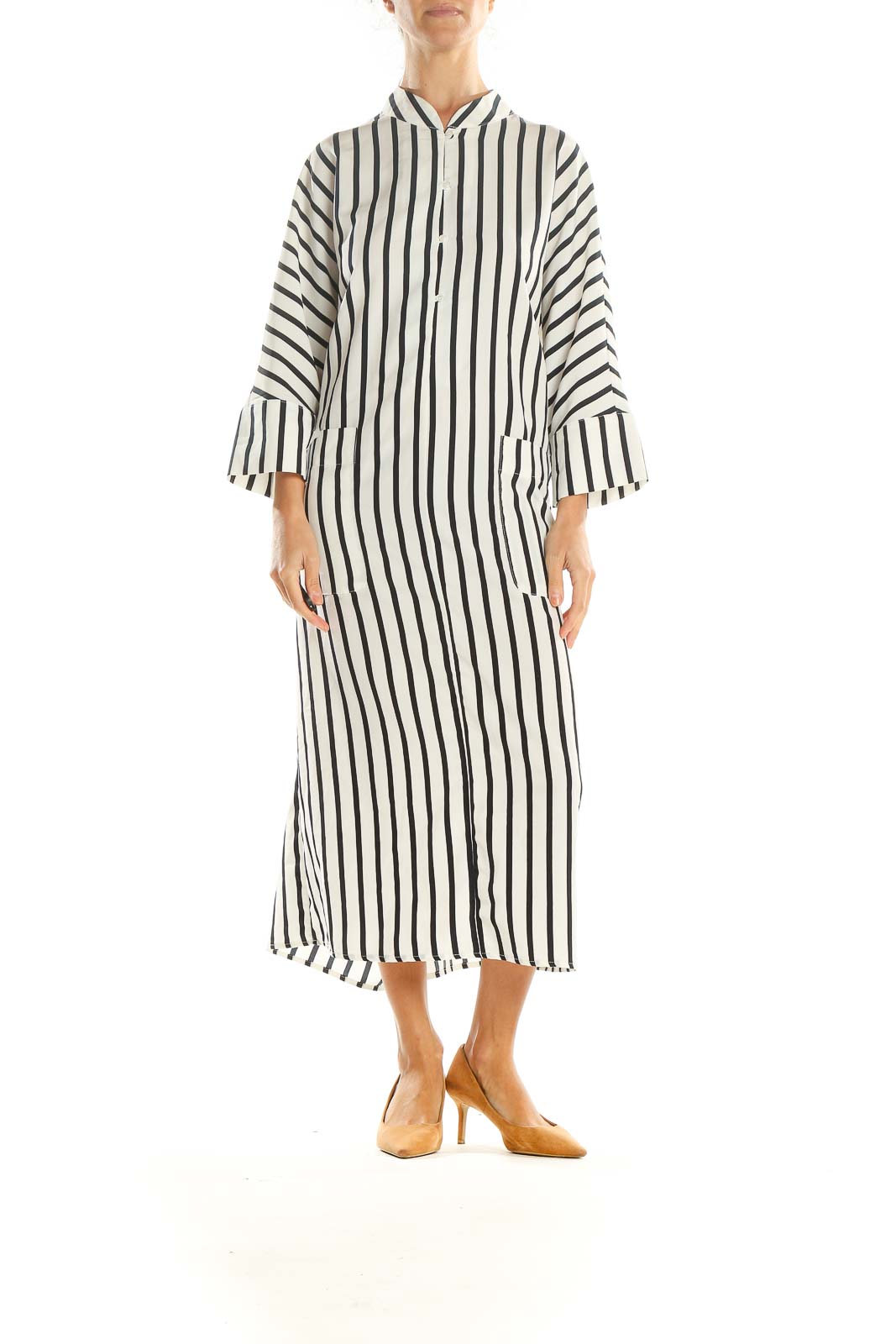 White Black Striped Classic Shirt Dress