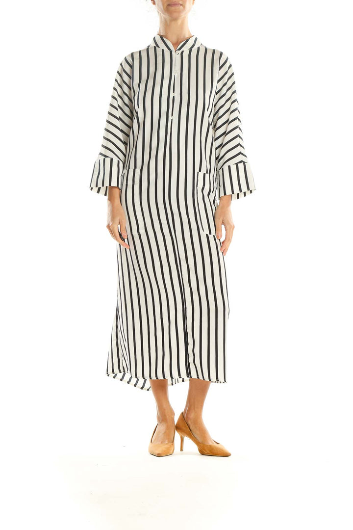 White Black Striped Classic Shirt Dress