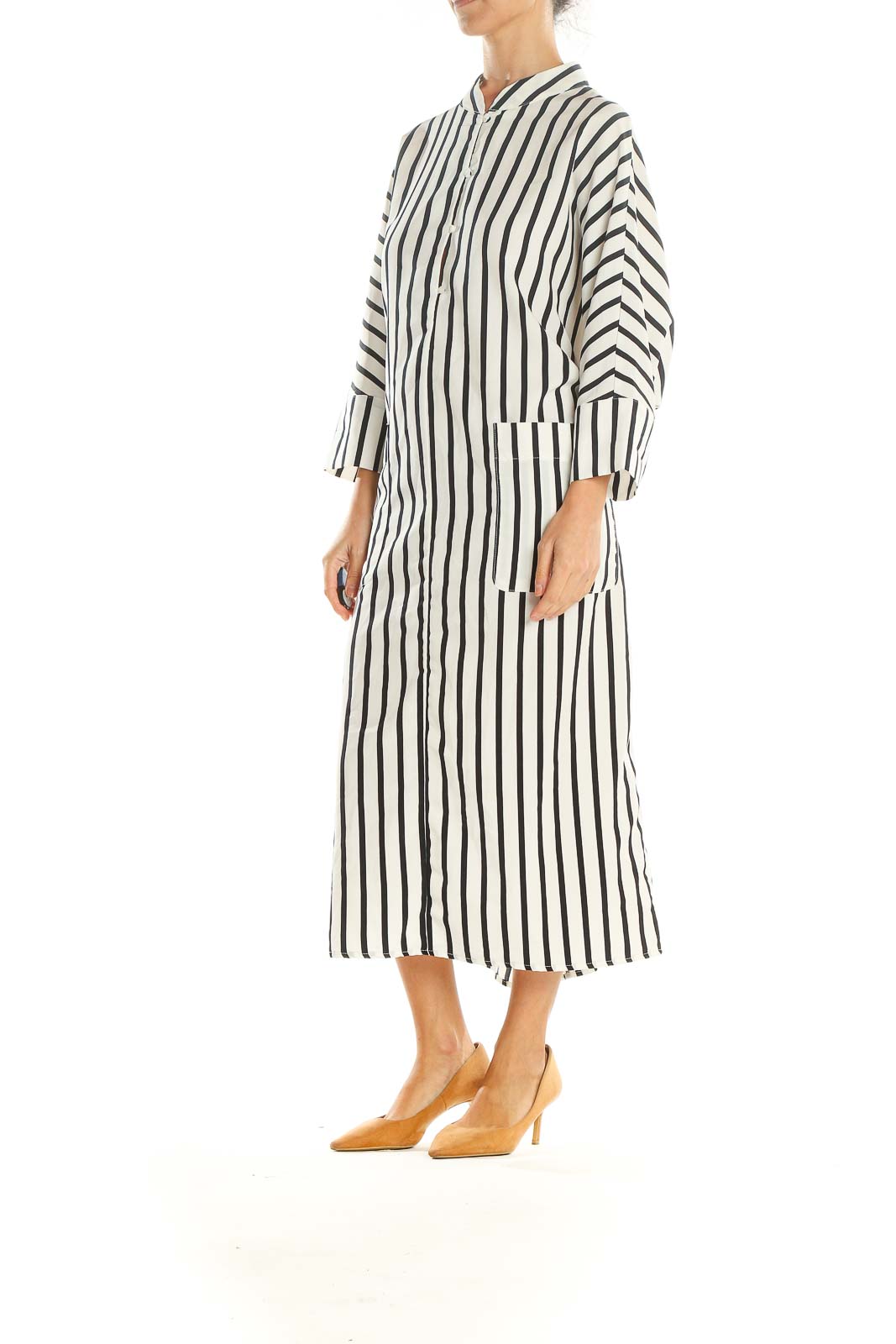 White Black Striped Classic Shirt Dress