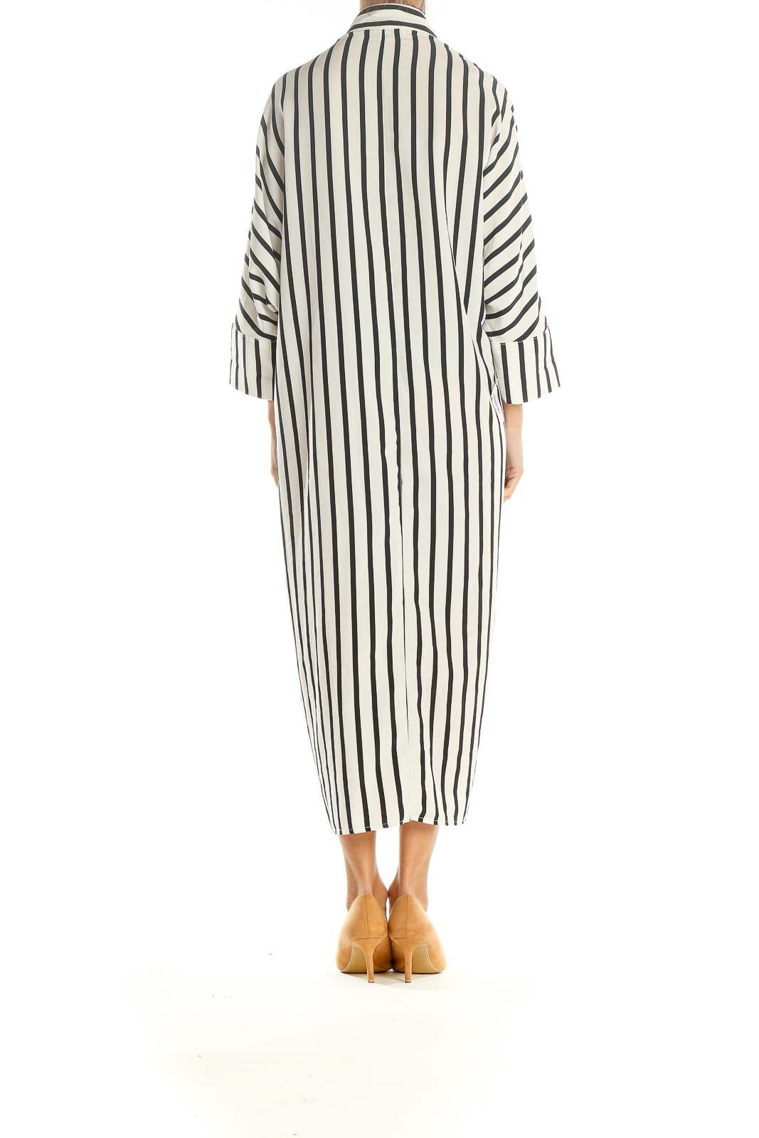 White Black Striped Classic Shirt Dress