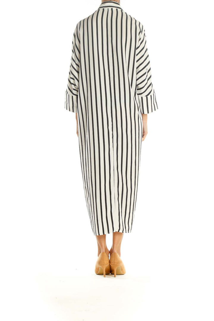 White Black Striped Classic Shirt Dress