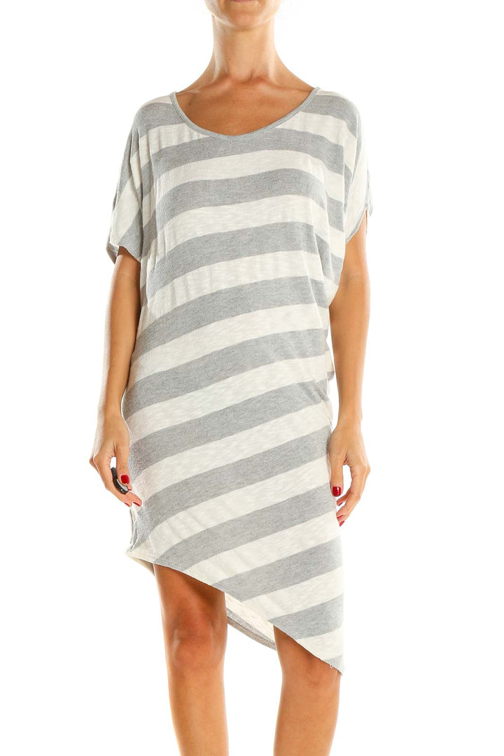 Gray White Asymmetrical Striped Day Sheath Dress