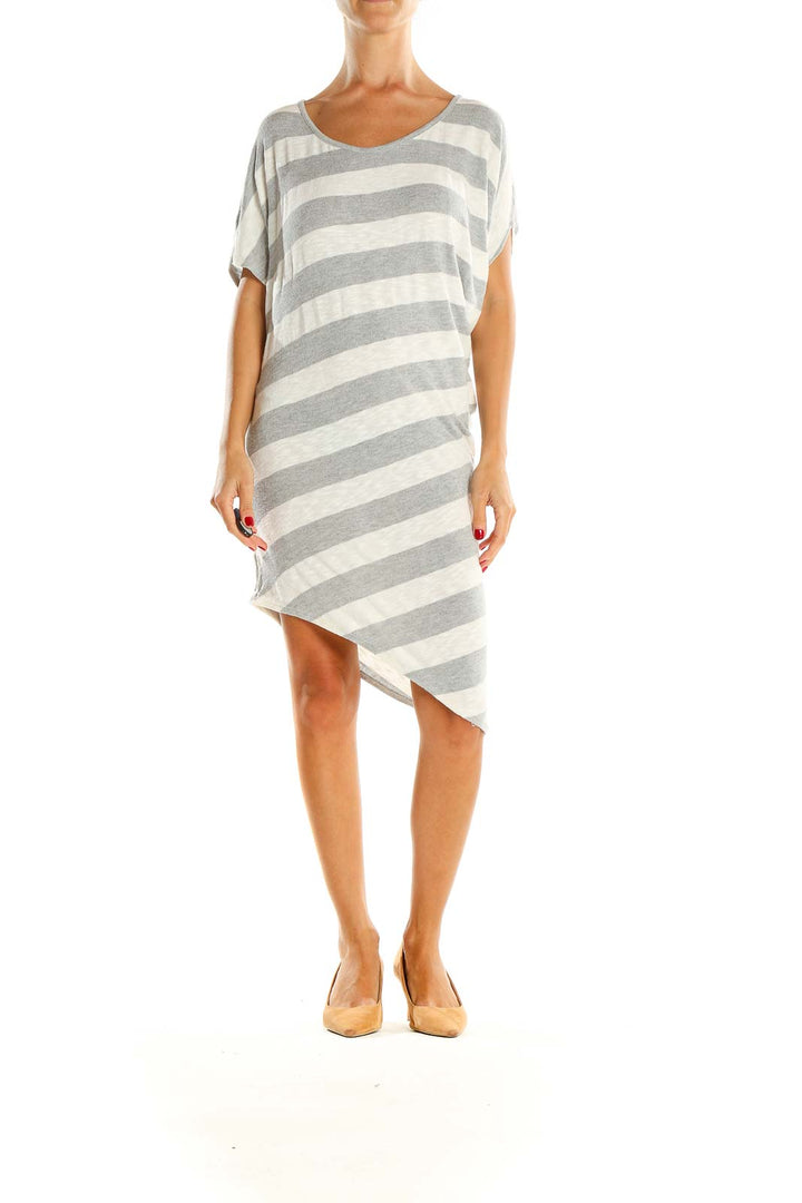 Gray White Asymmetrical Striped Day Sheath Dress