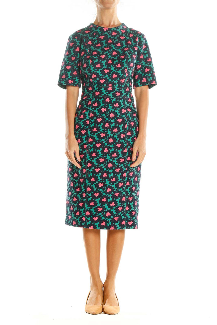 Green Pink Printed Work Sheath Dress