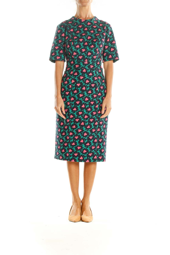 Green Pink Printed Work Sheath Dress