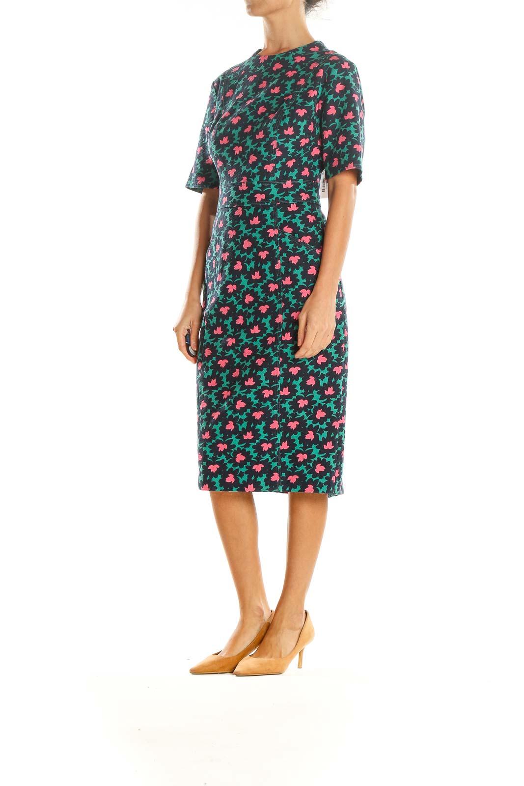 Green Pink Printed Work Sheath Dress