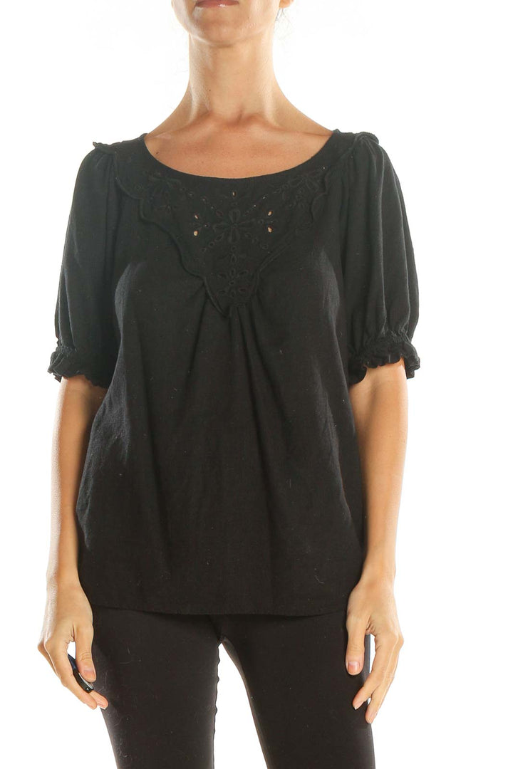 Black Eyelet Neckline Casual Top