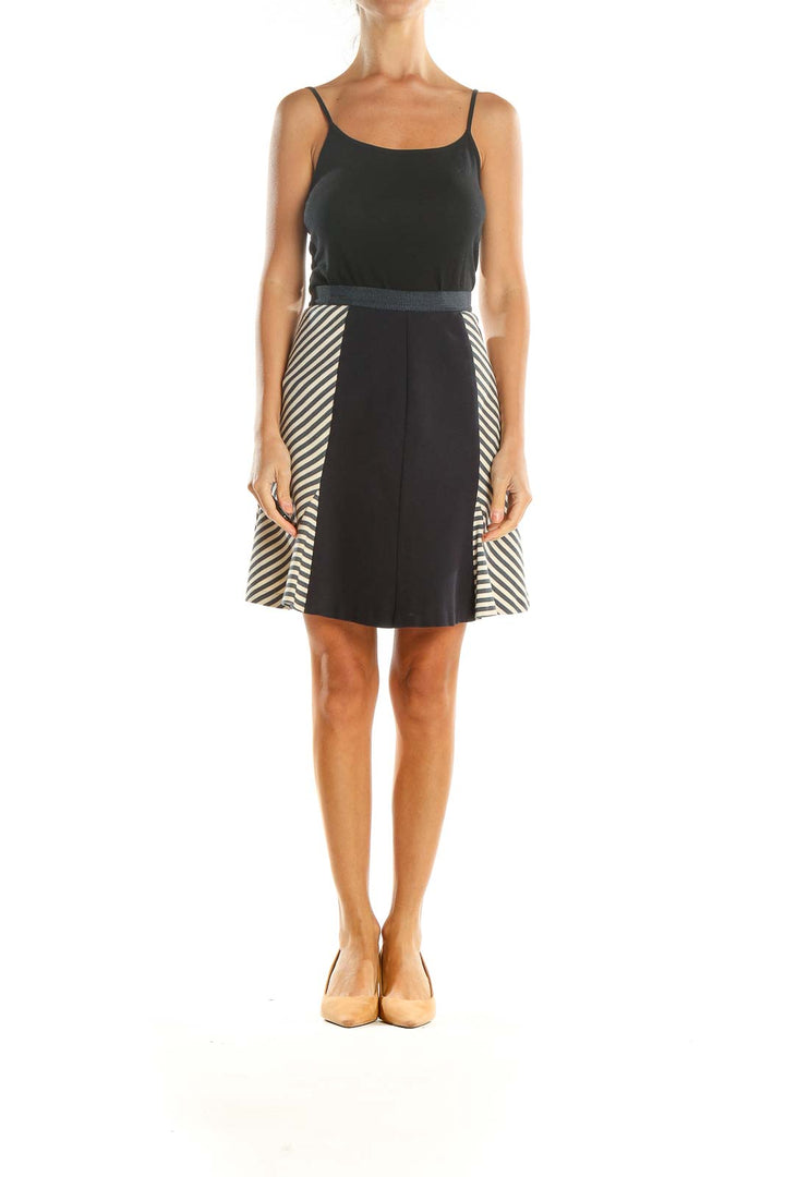 Blue Cream Colorblock Striped Retro A-Line Skirt