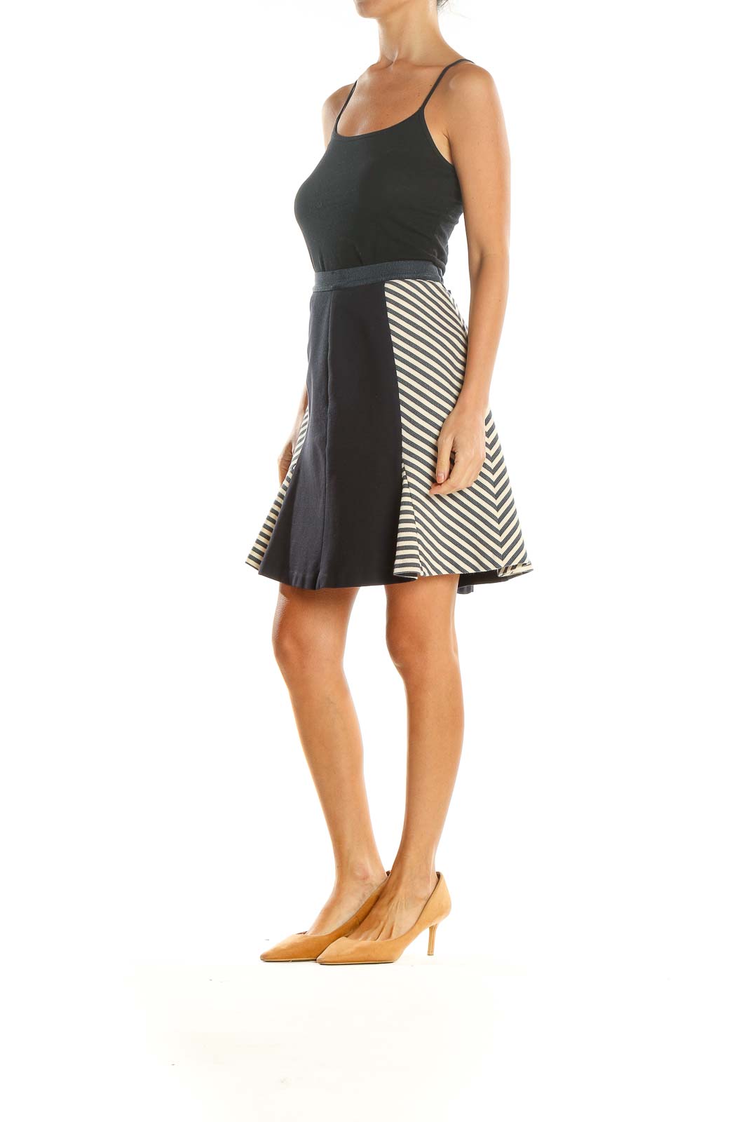 Blue Cream Colorblock Striped Retro A-Line Skirt