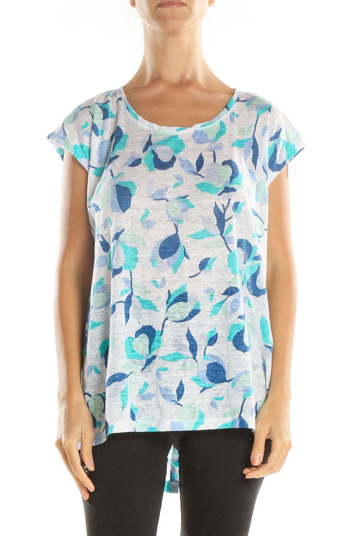 Blue White Floral Print All Day Wear Linen T-Shirt