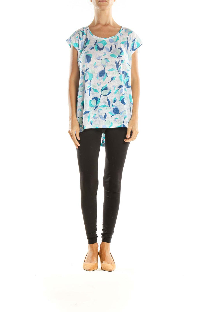 Blue White Floral Print All Day Wear Linen T-Shirt