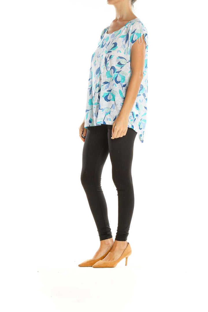 Blue White Floral Print All Day Wear Linen T-Shirt