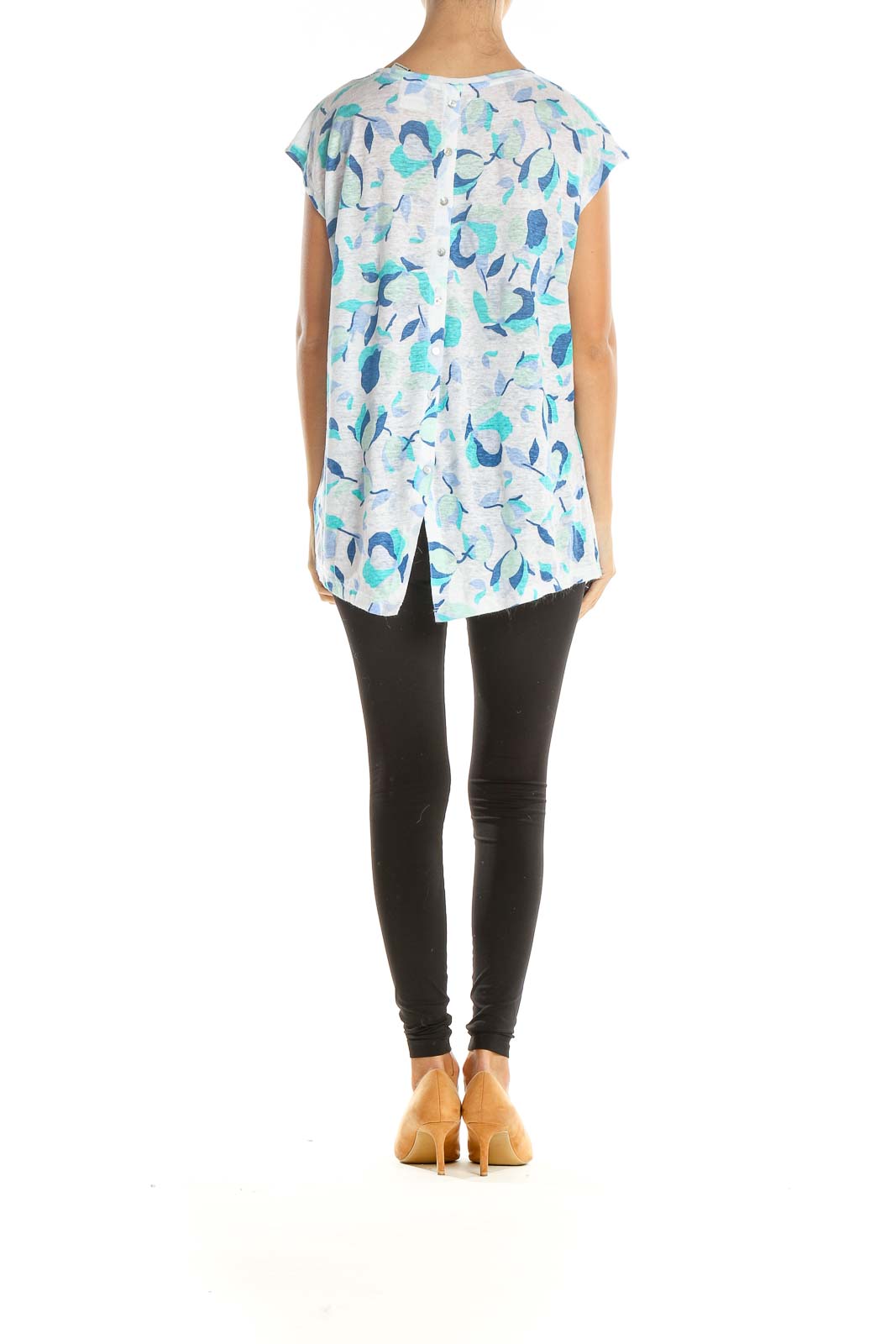 Blue White Floral Print All Day Wear Linen T-Shirt