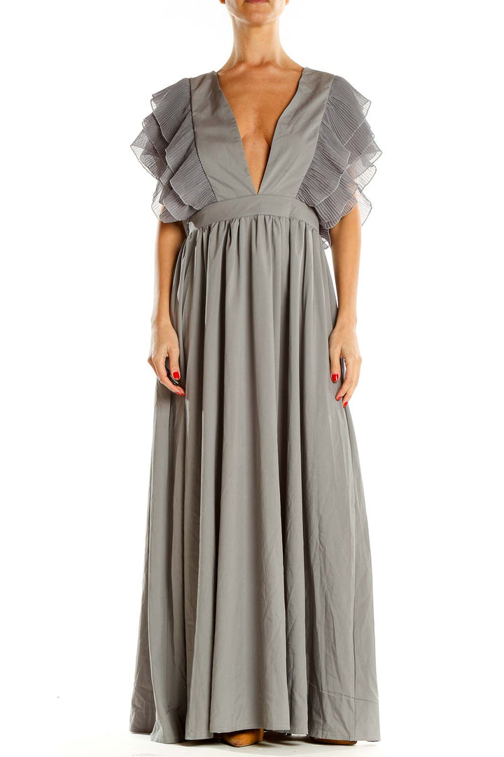 Gray Evening Maxi Ruffle Dress