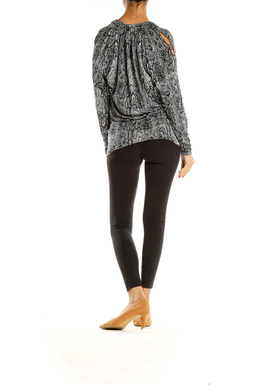 Gray Animal Print Cowl Neck Retro Top