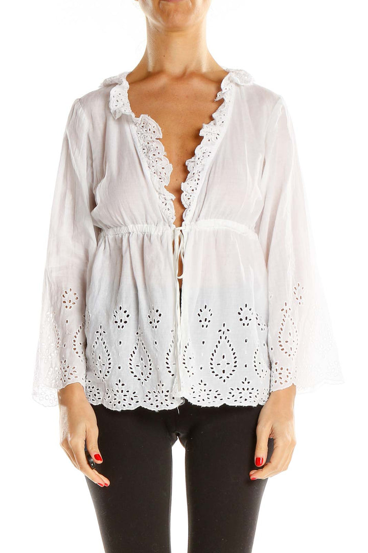 White Eyelet Delicate Tie Front Top