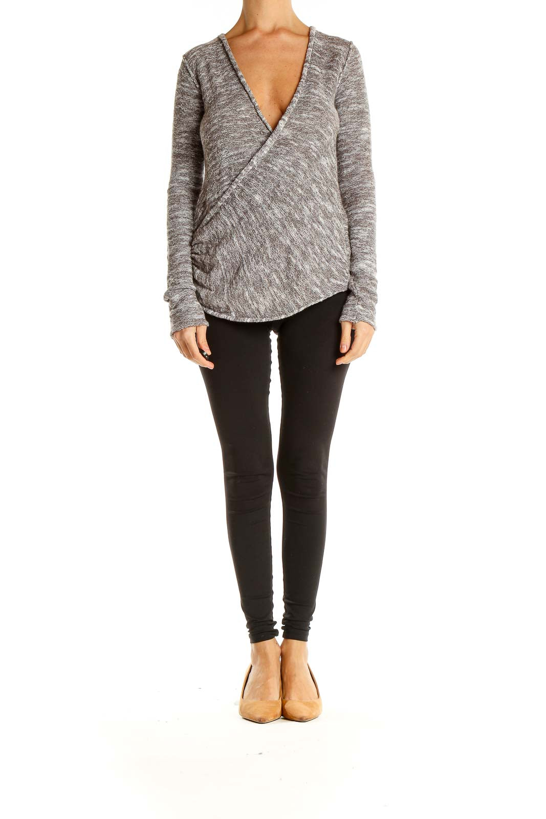 Front view of gray wrap-style knit sweater from Free People