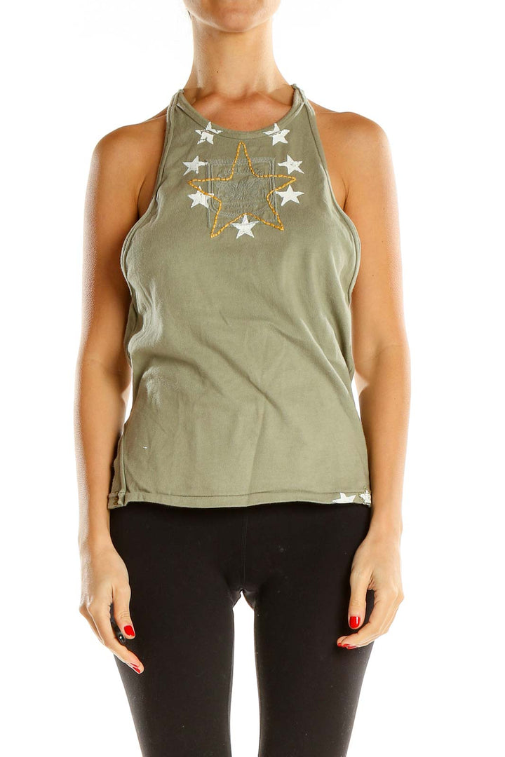 Green Embroidered Casual Tank Top