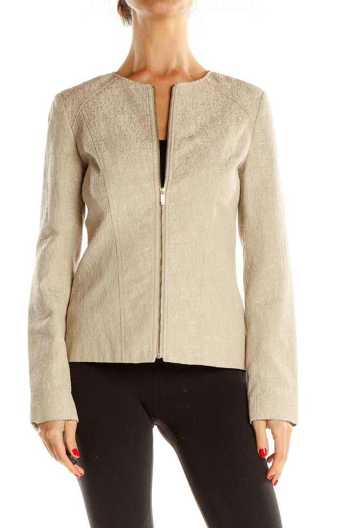 Beige Textured Fitted Jacket