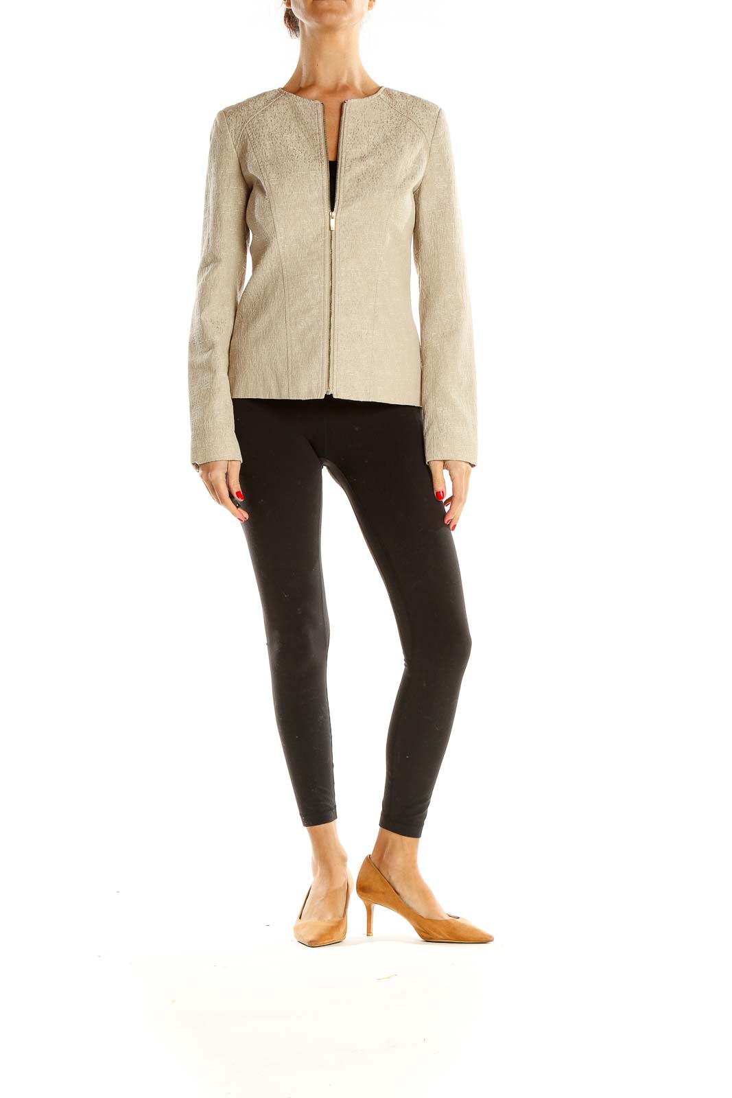 Beige Textured Fitted Jacket