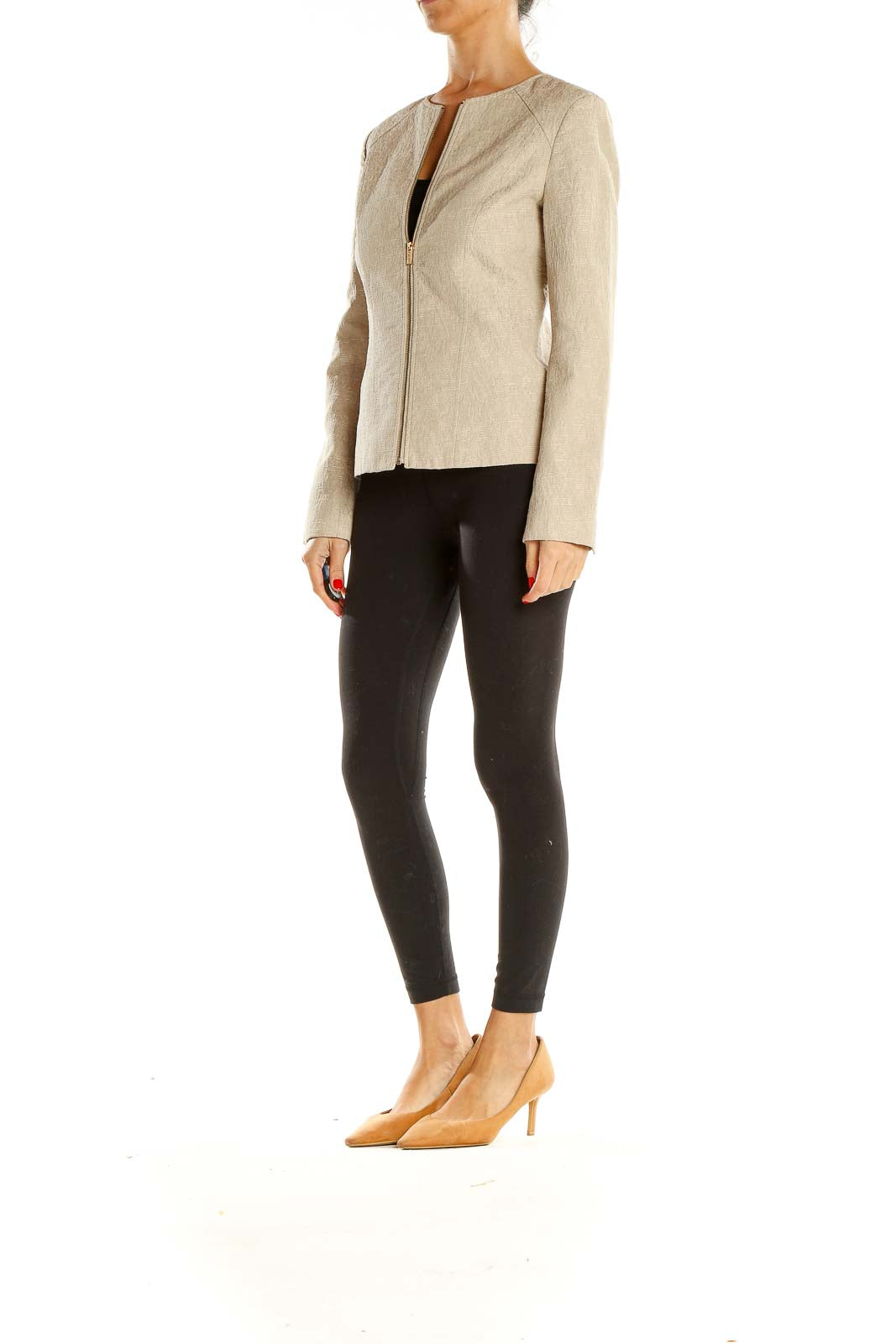 Beige Textured Fitted Jacket