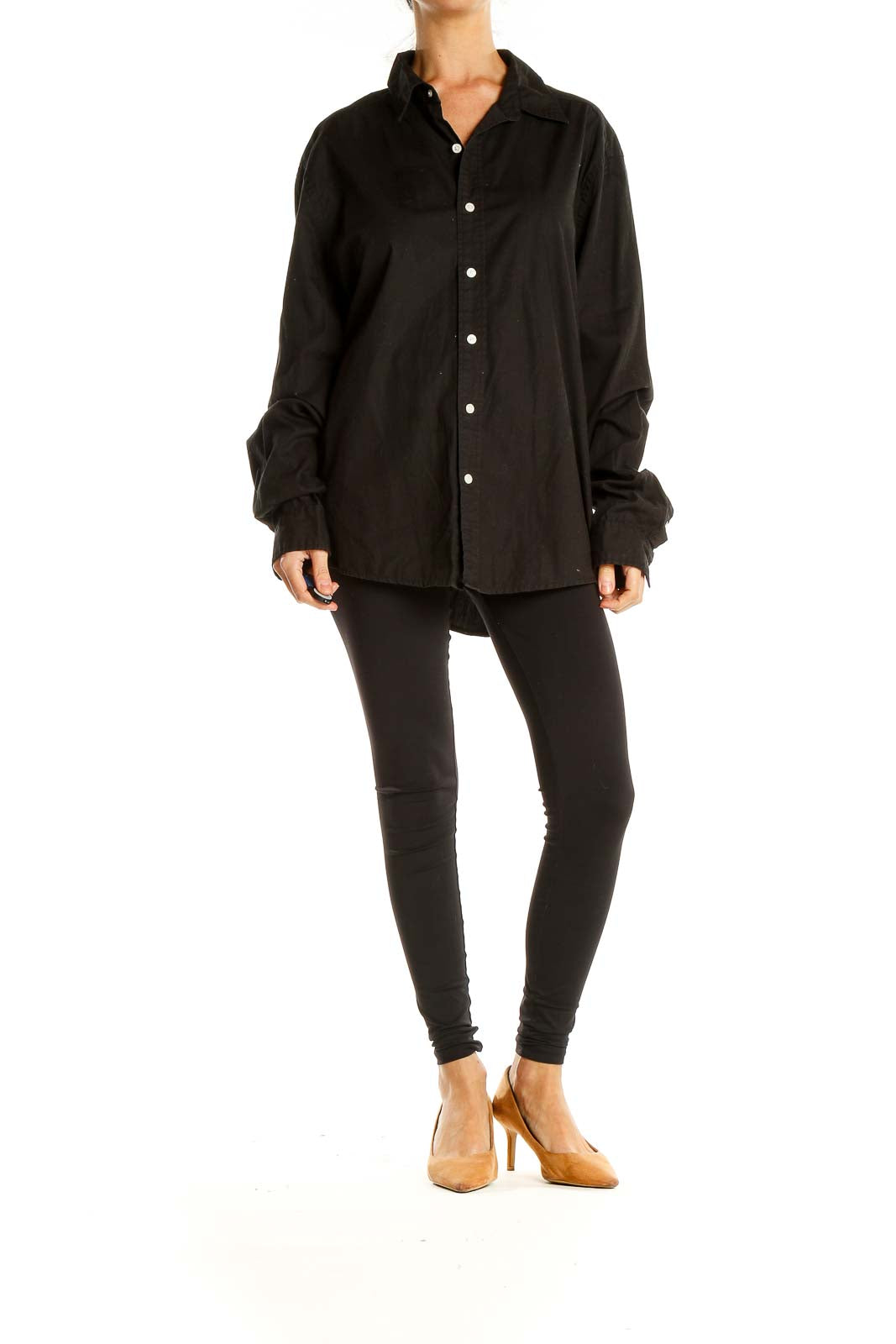 Black Oversized Casual Button Up Top