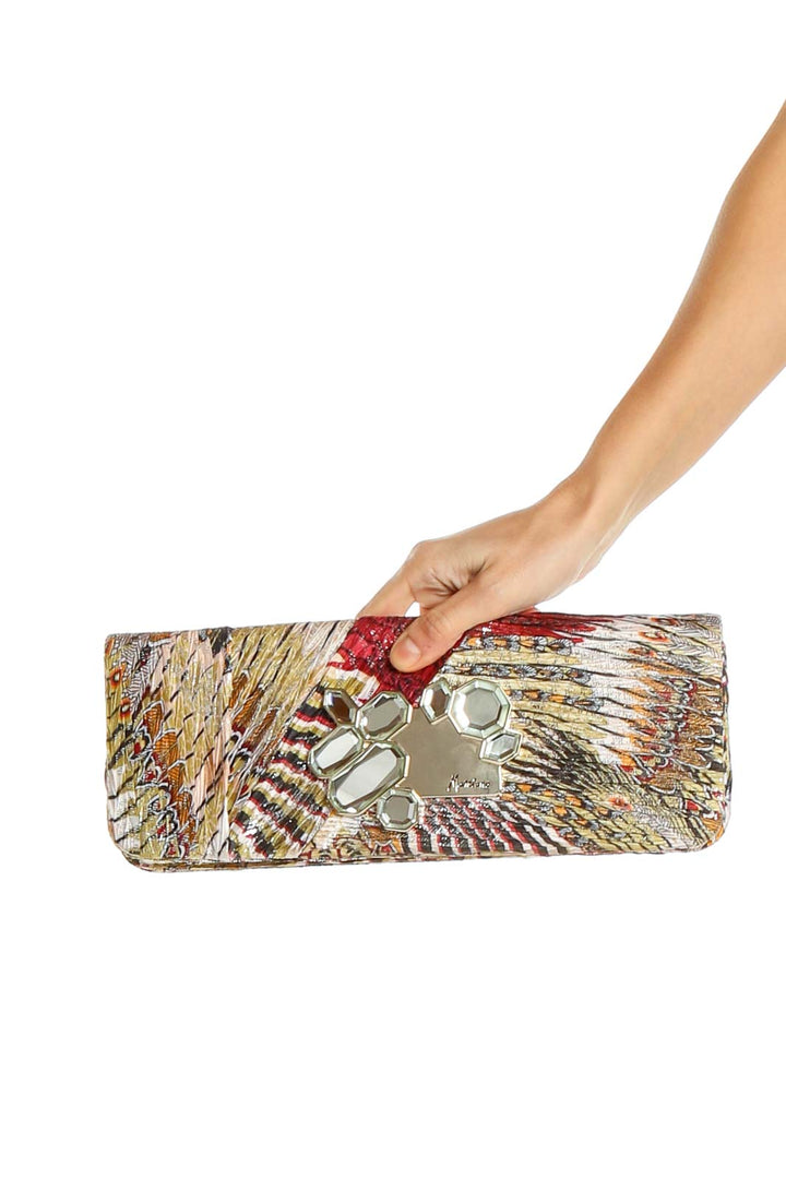 Multicolor Printed Bejeweled Clutch Bag