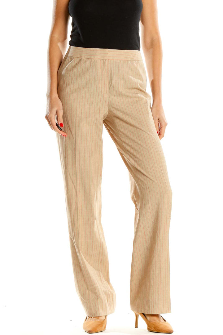 Beige Striped Classic Trousers