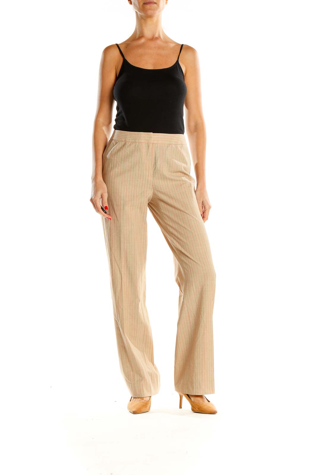 Beige Striped Classic Trousers