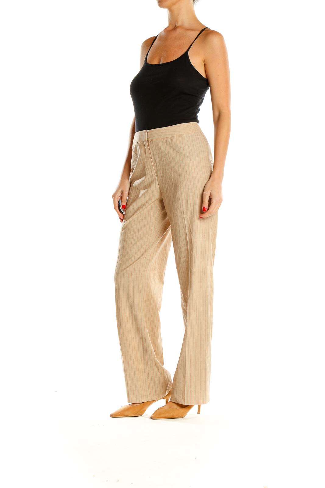 Beige Striped Classic Trousers