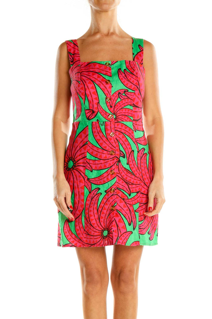 Pink Green Tropical Print Shift Dress