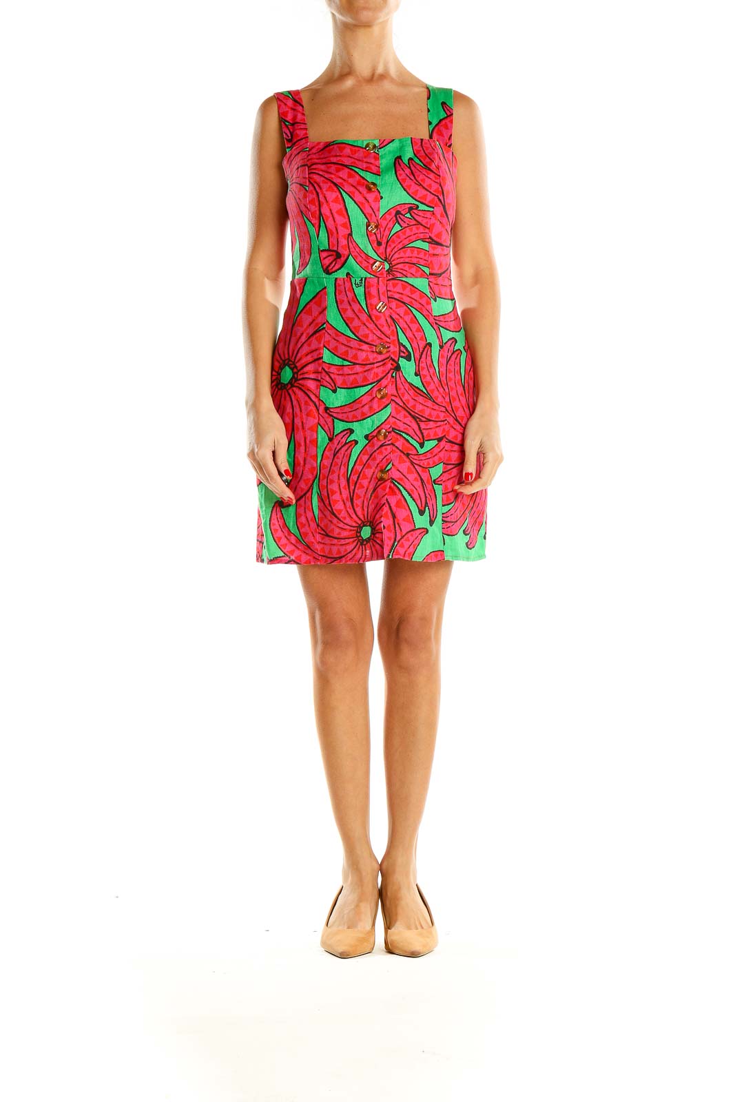 Pink Green Tropical Print Shift Dress