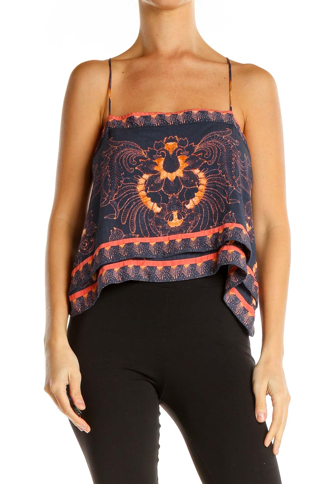 Front view of Free People navy cropped camisole with floral paisley print