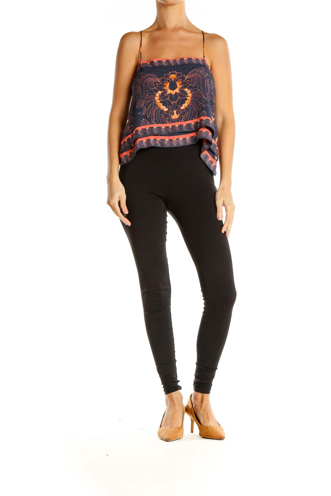 Front view of Free People navy cropped camisole with floral paisley print