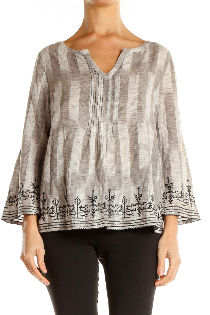 Beige Gray Textured Brunch Blouse with Embroider Trim