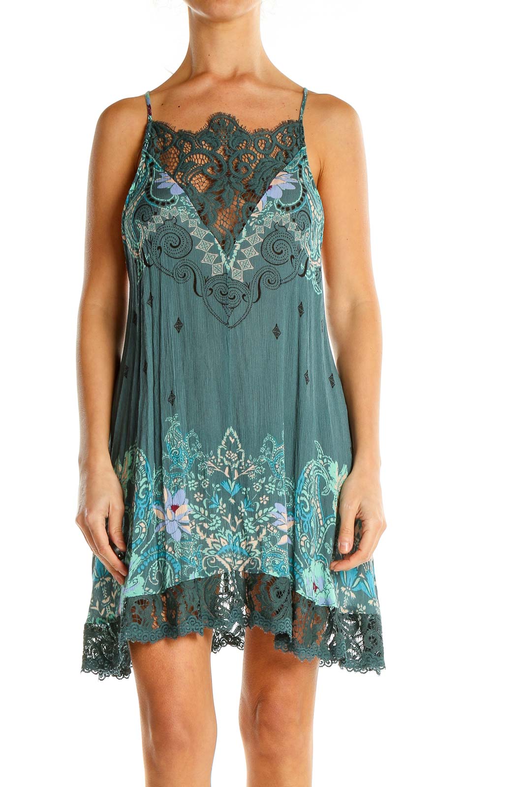 Front view of teal Free People slip dress with lace trim and floral pattern