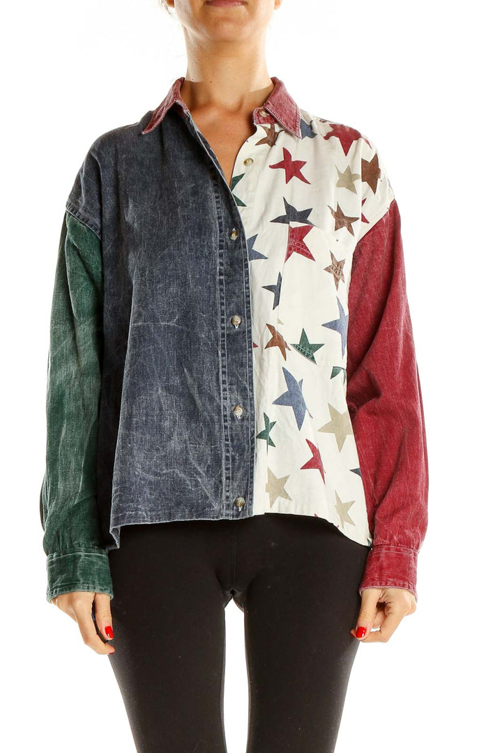 Multicolor Colorblock Star Printed Retro Shirt