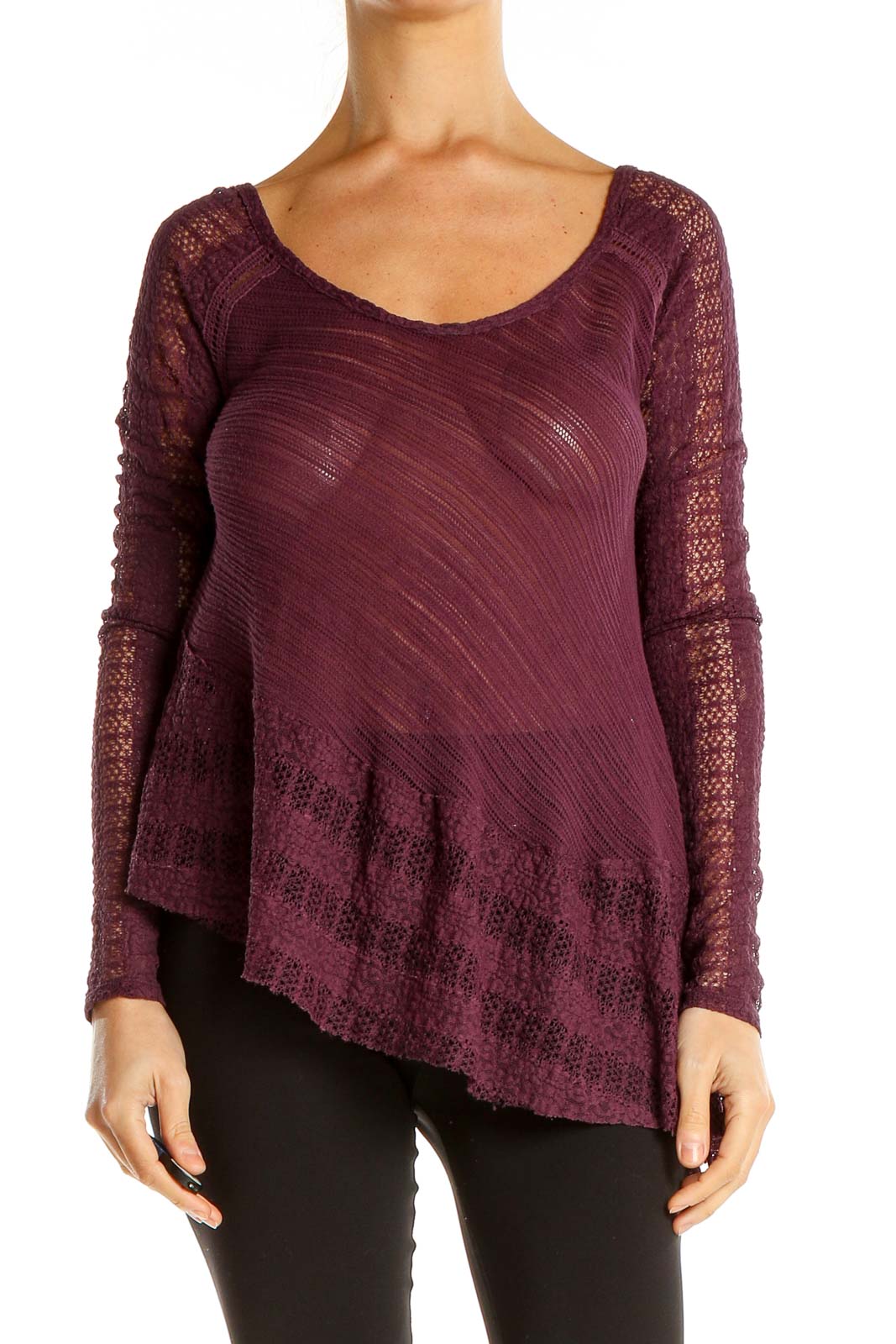 Front view of burgundy Free People top with lace sleeves and asymmetrical hem