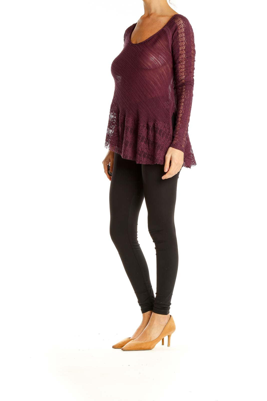 Front view of burgundy Free People top with lace sleeves and asymmetrical hem