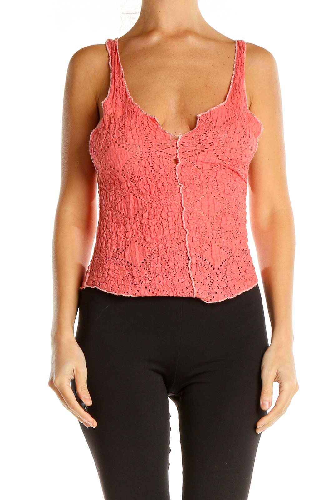 Front view of coral lace button-front tank top from Free People