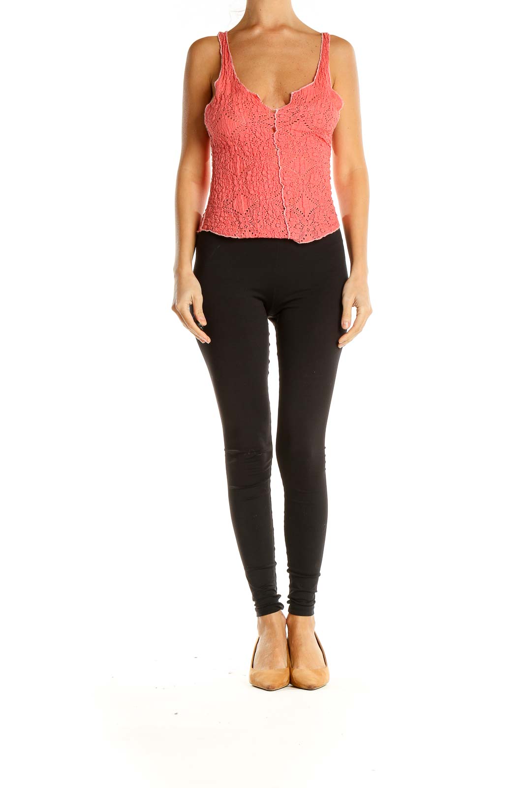 Front view of coral lace button-front tank top from Free People